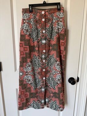 Cotton Blend Midi Skirt in Coral & Olive